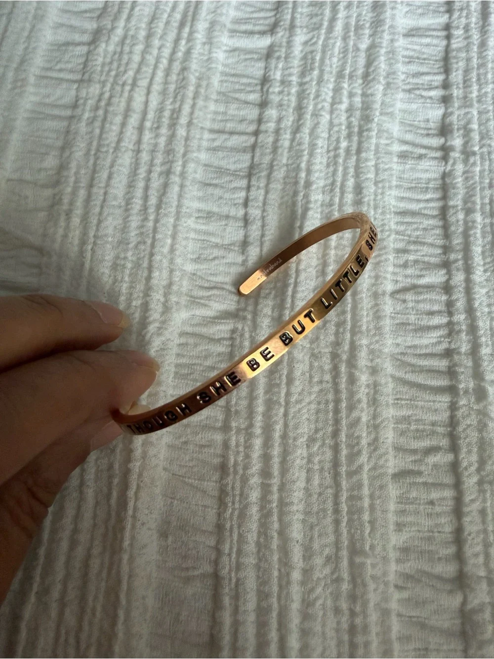 Rose Gold Inspirational Cuff Bracelet – “Though She Be But Little, She Is Fierce